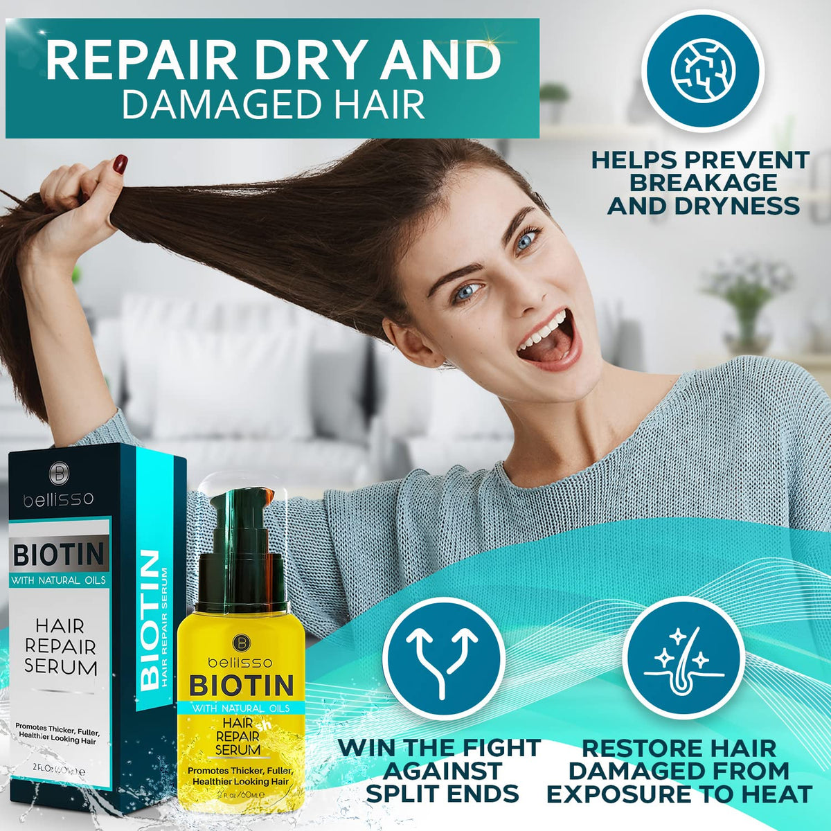BELLISSO serum applied to hair lengths showing smoother, shinier appearance benefit