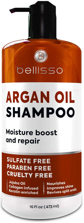 BELLISSO front bottle showing argan shampoo and easy dispensing benefit