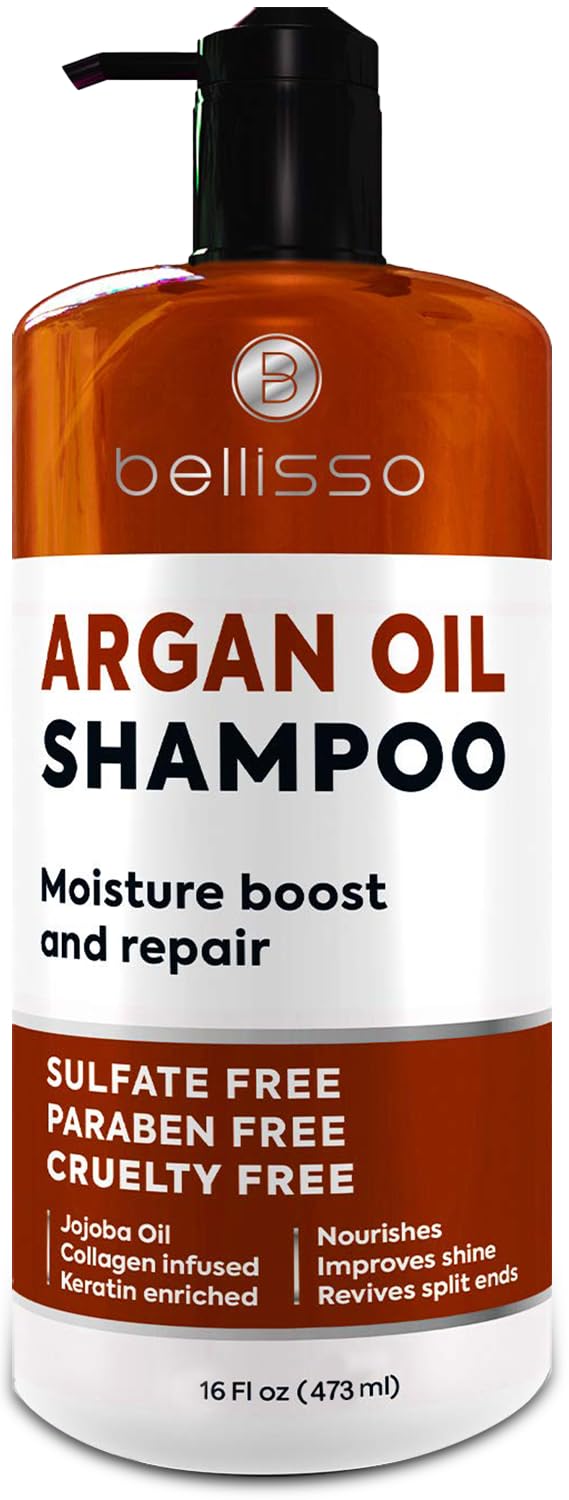 BELLISSO front bottle showing argan shampoo and easy dispensing benefit