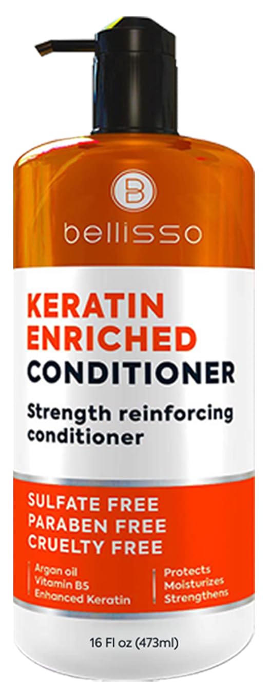 BELLISSO front bottle displaying keratin conditioner benefit of repair
