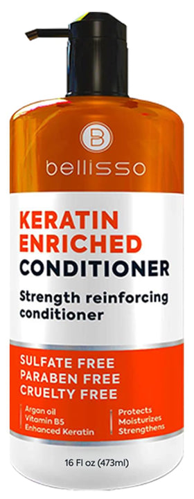 BELLISSO front bottle displaying keratin conditioner benefit of repair
