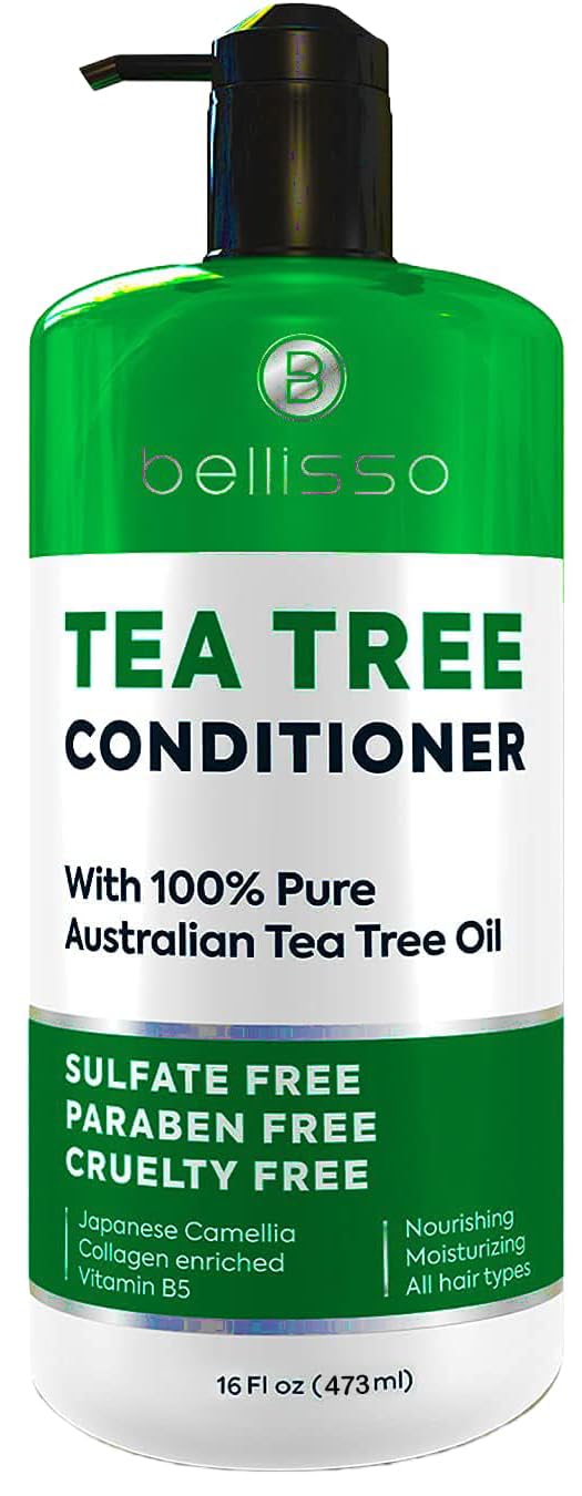 BELLISSO front bottle image showing tea tree conditioner and benefits