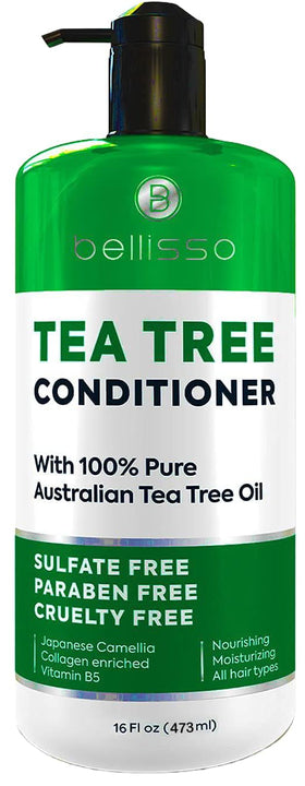 BELLISSO front bottle image showing tea tree conditioner and benefits