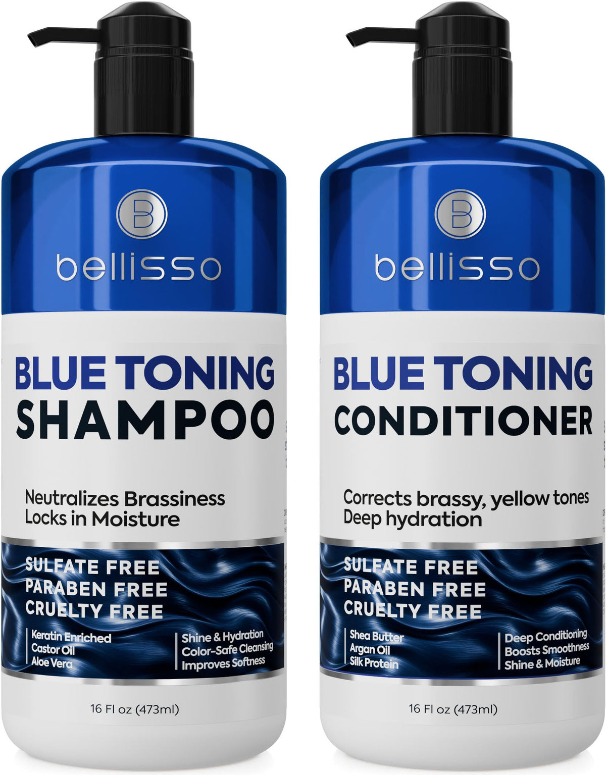 BELLISSO front packaging showing blue shampoo and conditioner for cooler brunette tone