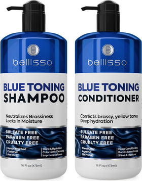 BELLISSO front packaging showing blue shampoo and conditioner for cooler brunette tone