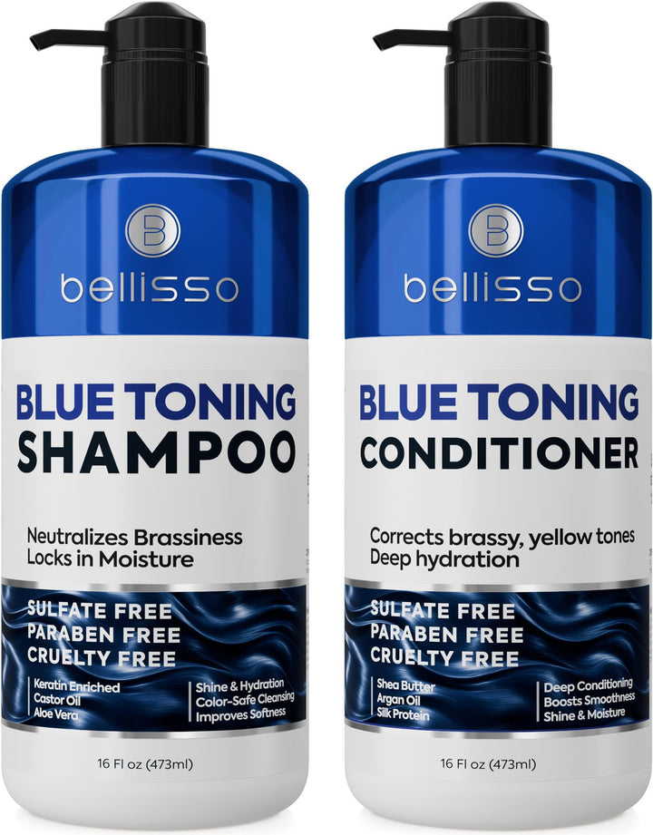BELLISSO front packaging showing blue shampoo and conditioner for cooler brunette tone
