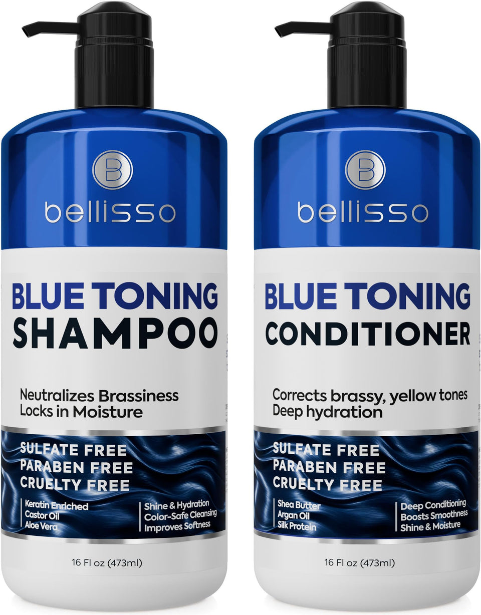 BELLISSO front packaging showing blue shampoo and conditioner for cooler brunette tone