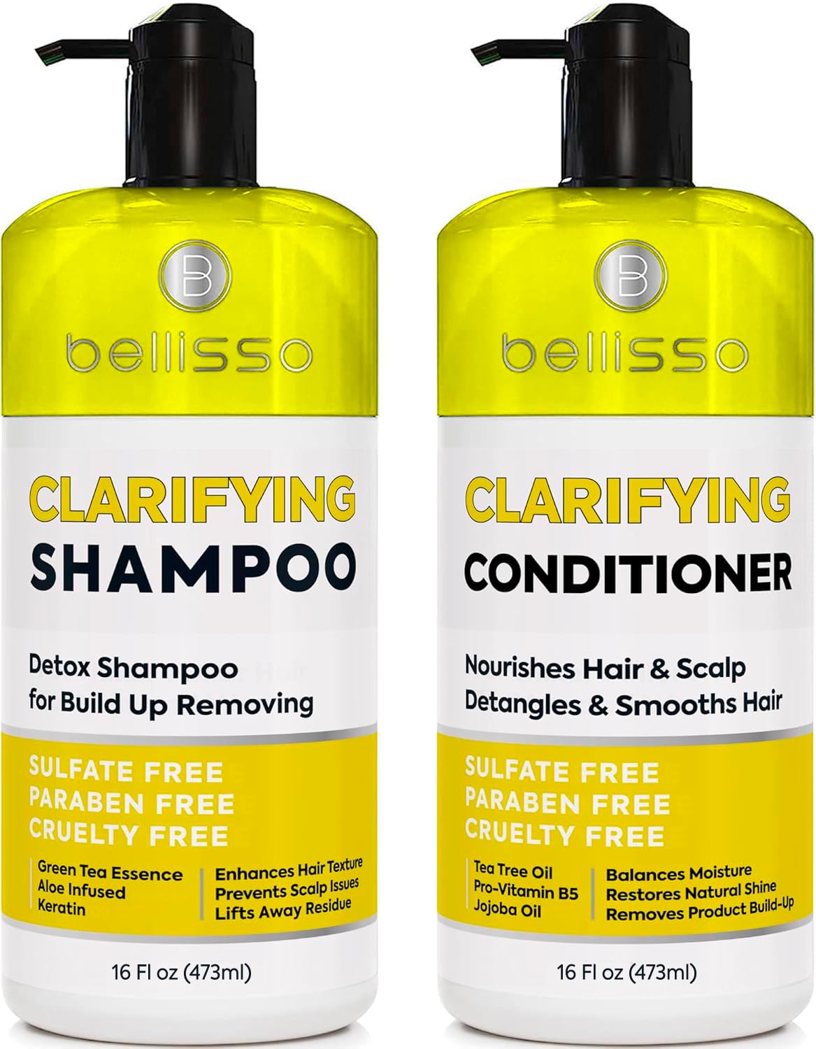 BELLISSO front packaging showing the clarifying shampoo and conditioner, clear labeling for gentle cleanse
