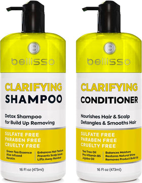 BELLISSO front packaging showing the clarifying shampoo and conditioner, clear labeling for gentle cleanse