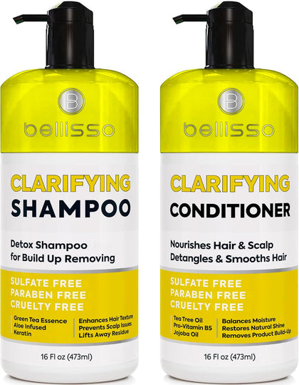 BELLISSO front packaging showing the clarifying shampoo and conditioner, clear labeling for gentle cleanse