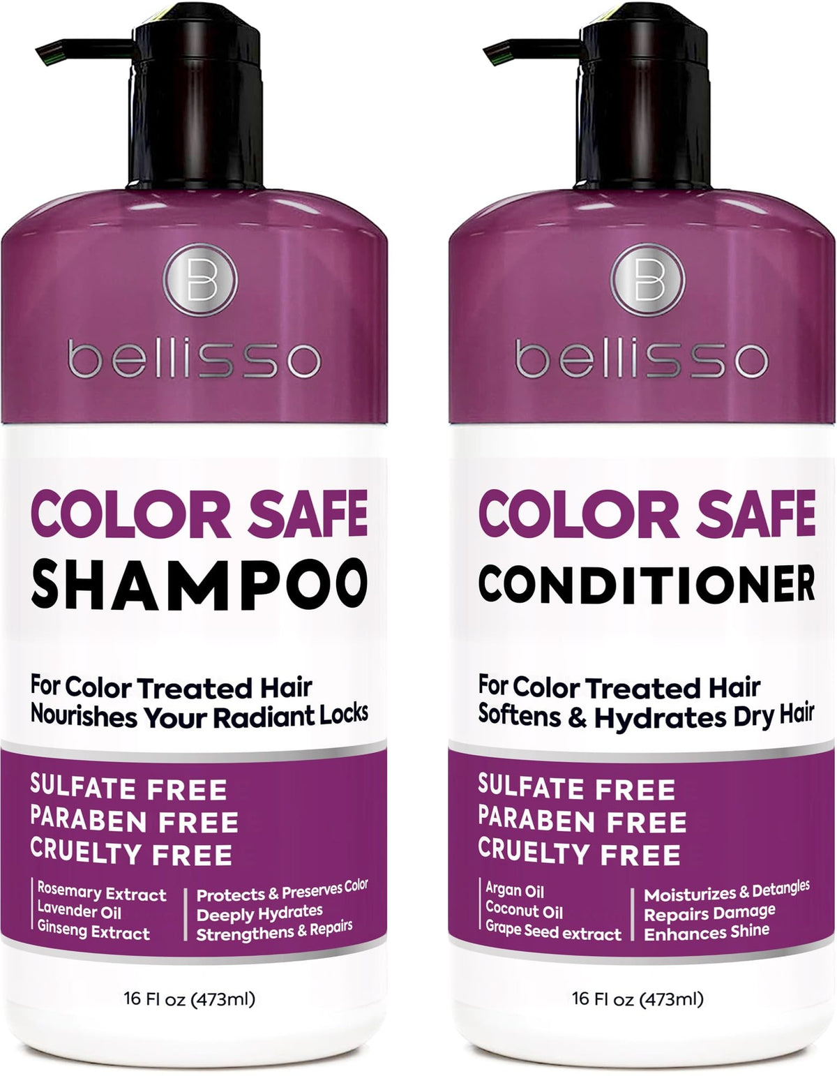 BELLISSO front packaging showing color-safe shampoo and conditioner protecting hair color