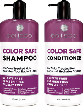 BELLISSO front packaging showing color-safe shampoo and conditioner protecting hair color