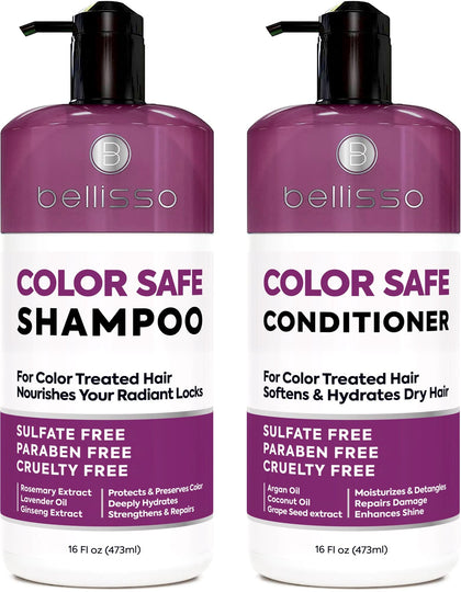 BELLISSO front packaging showing color-safe shampoo and conditioner protecting hair color