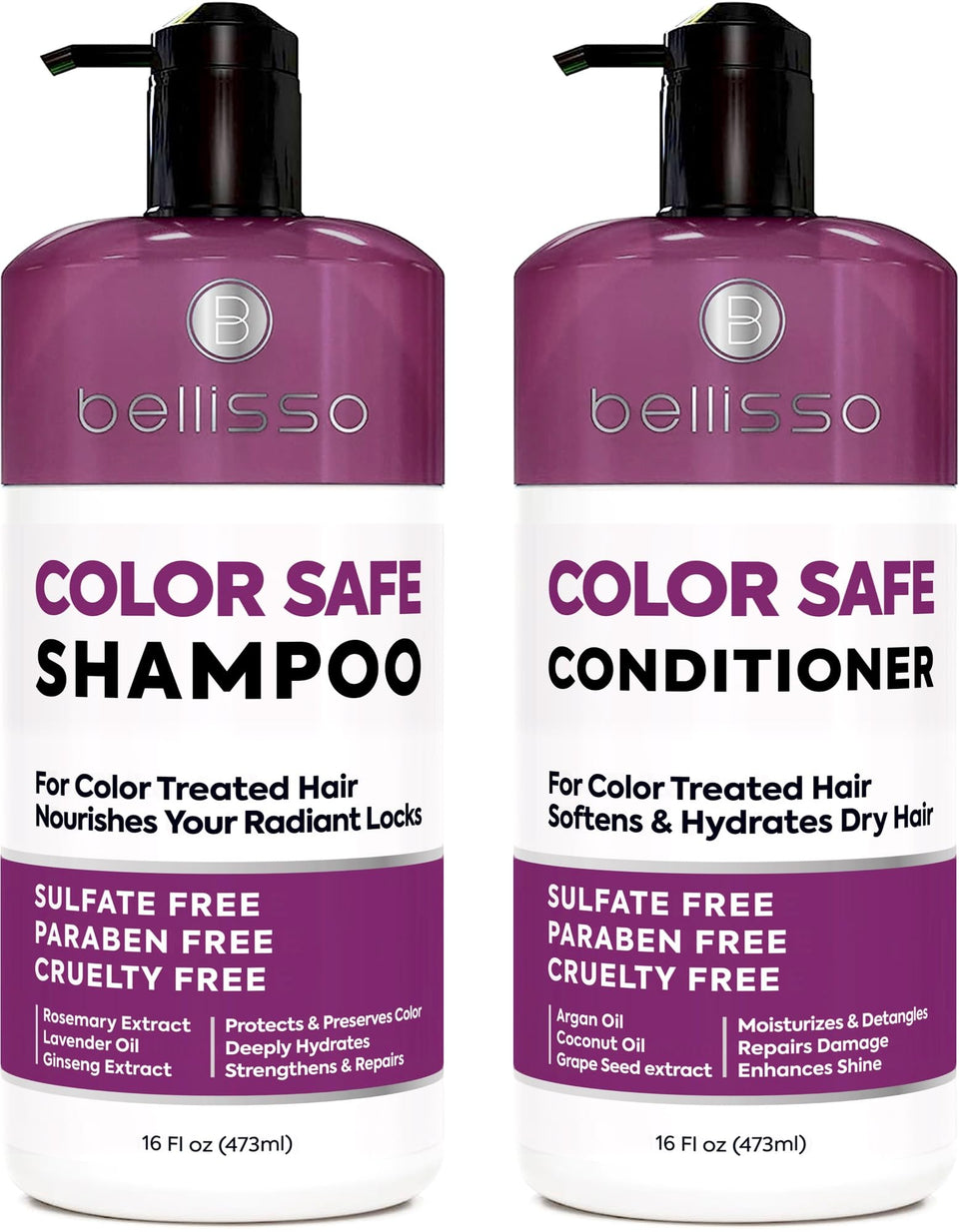 BELLISSO front packaging showing color-safe shampoo and conditioner protecting hair color