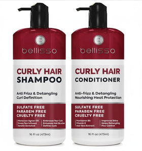 BELLISSO front packaging showing both bottles and defined curls benefit