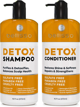 BELLISSO front packaging of detox shampoo and conditioner set showing clean design and benefits