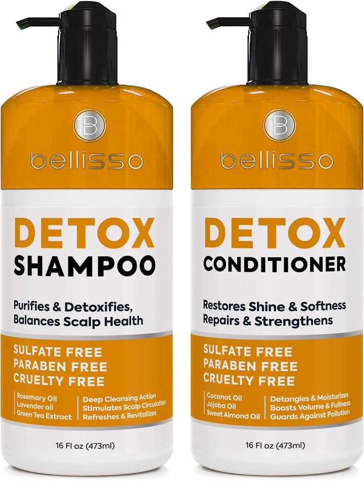 BELLISSO front packaging of detox shampoo and conditioner set showing clean design and benefits