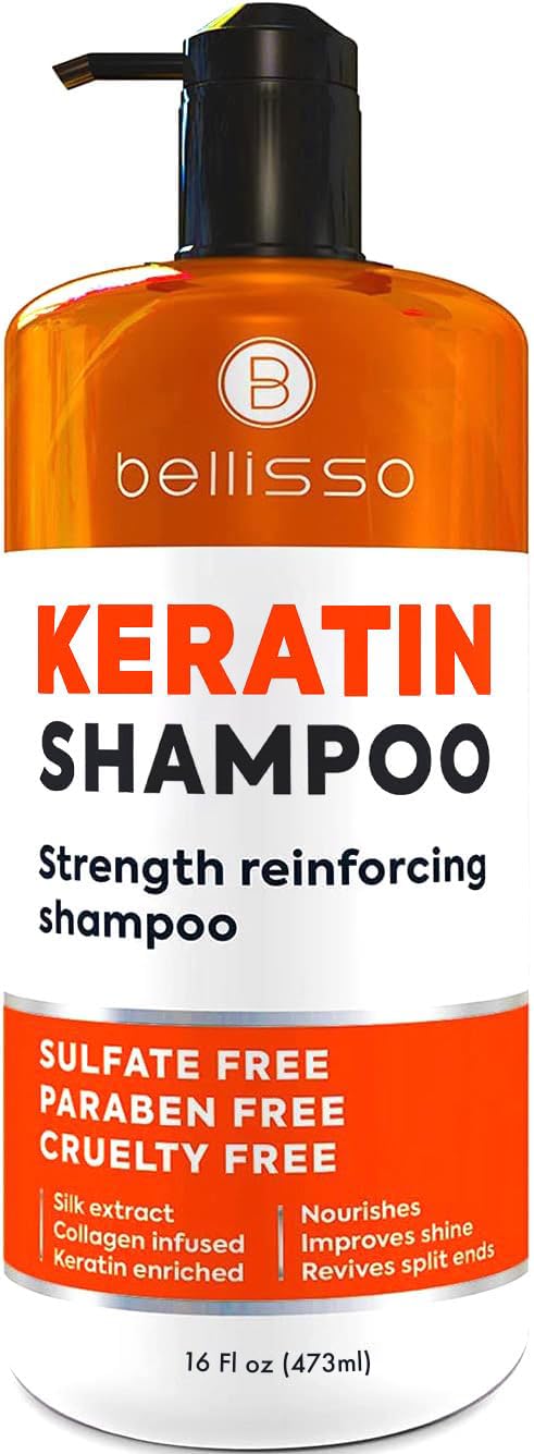 BELLISSO front packaging bottle showing keratin formula and repair benefits