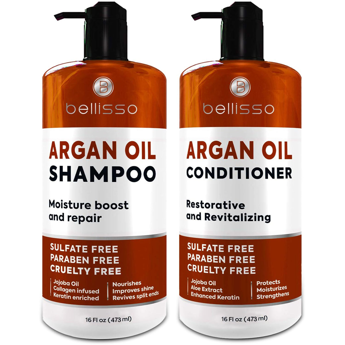 Bellisso front packaging of argan shampoo and conditioner showing set benefits