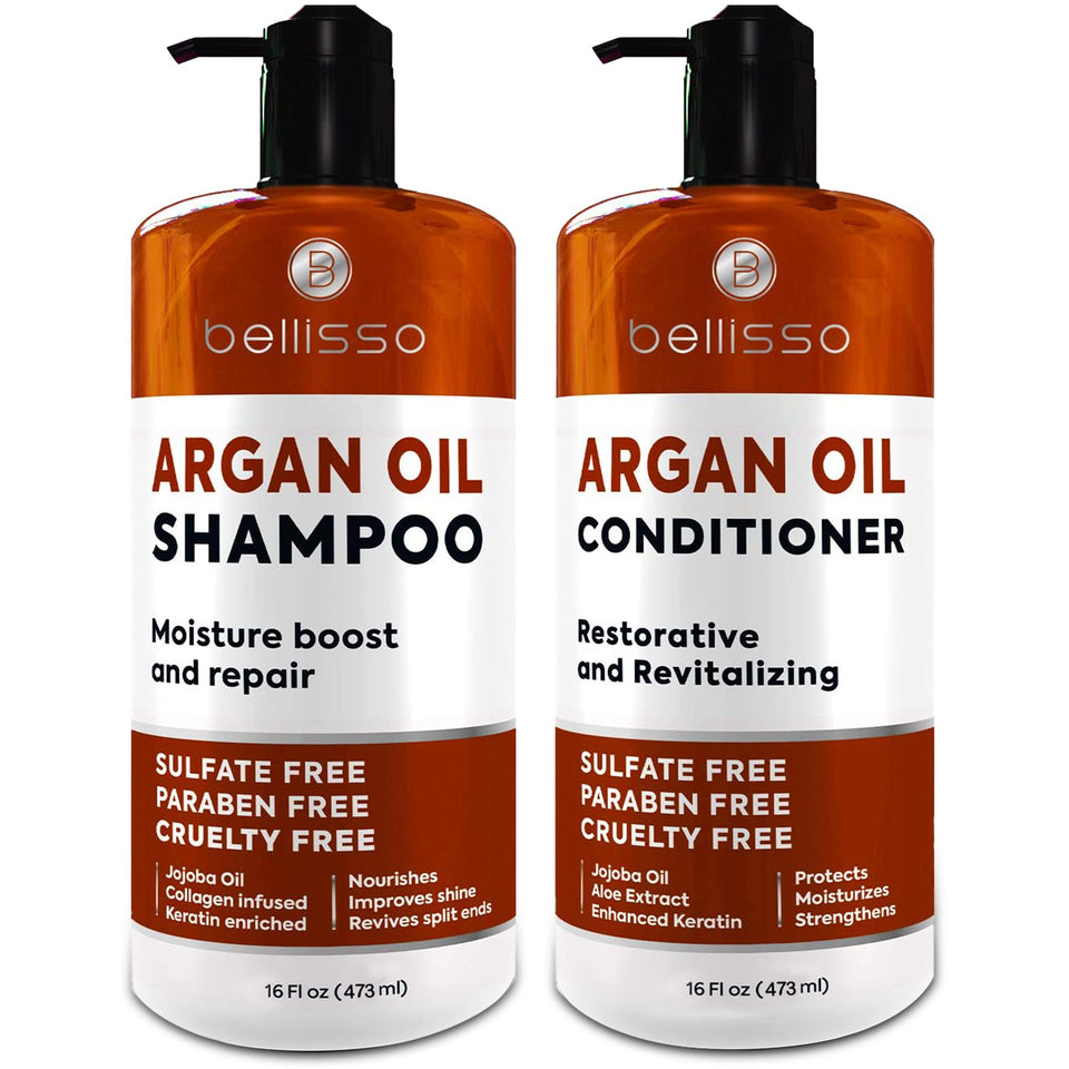 Bellisso front packaging of argan shampoo and conditioner showing set benefits