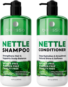 BELLISSO front packaging showing volumizing nettle shampoo and conditioner benefits