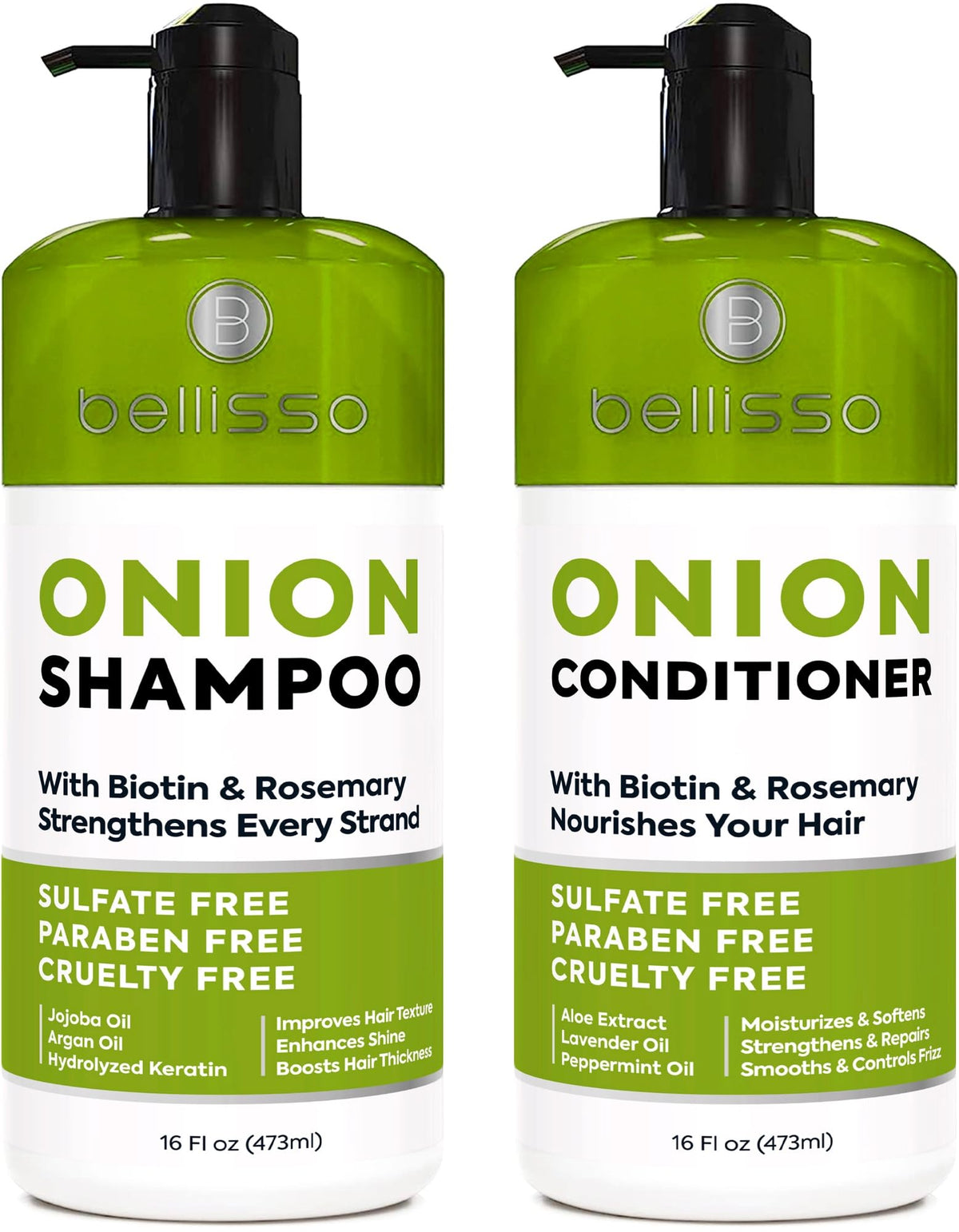 BELLISSO front packaging of onion rosemary shampoo and conditioner showing full benefits