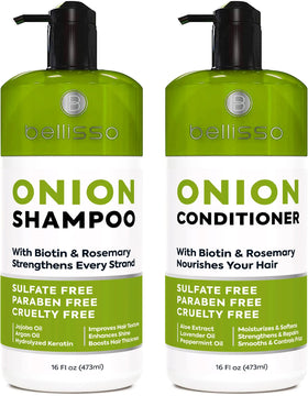 BELLISSO front packaging of onion rosemary shampoo and conditioner showing full benefits