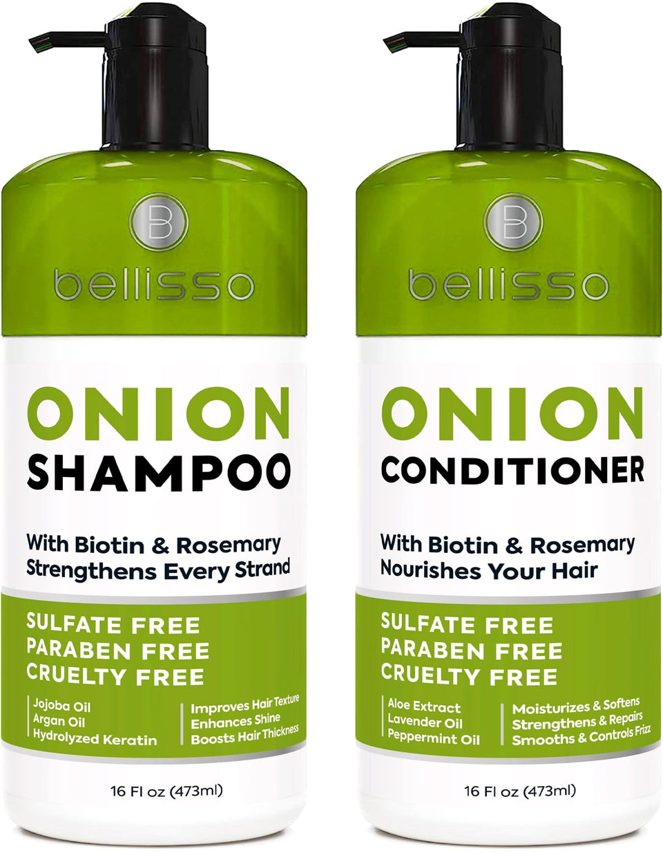 BELLISSO front packaging of onion rosemary shampoo and conditioner showing full benefits