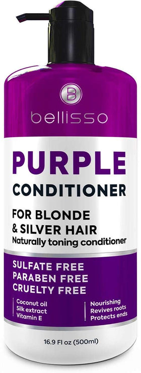 BELLISSO front packaging showing purple conditioner and clear benefits