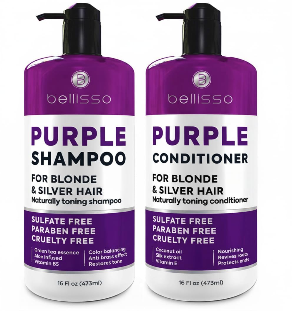 BELLISSO front packaging showing purple shampoo and conditioner, professional toning benefit