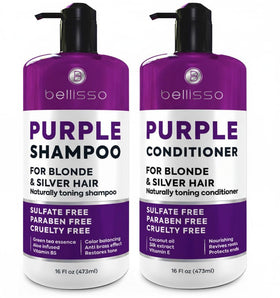 BELLISSO front packaging showing purple shampoo and conditioner, professional toning benefit
