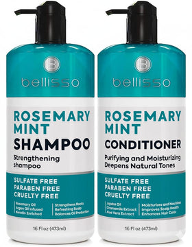 BELLISSO front packaging displaying rosemary and peppermint set for scalp relief