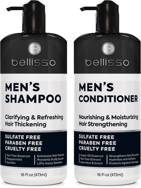 BELLISSO front packaging of shampoo and conditioner showing set benefits