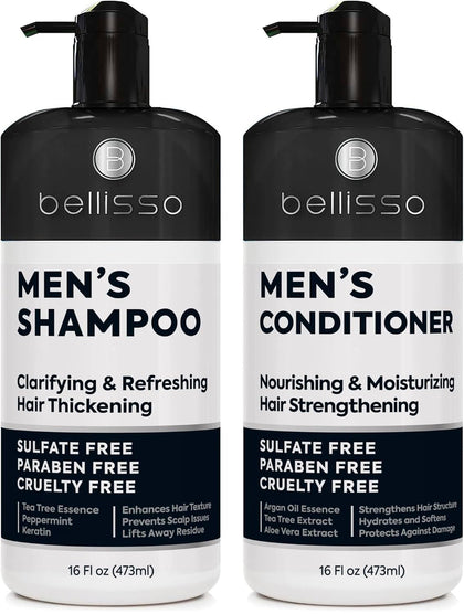 BELLISSO front packaging of shampoo and conditioner showing set benefits
