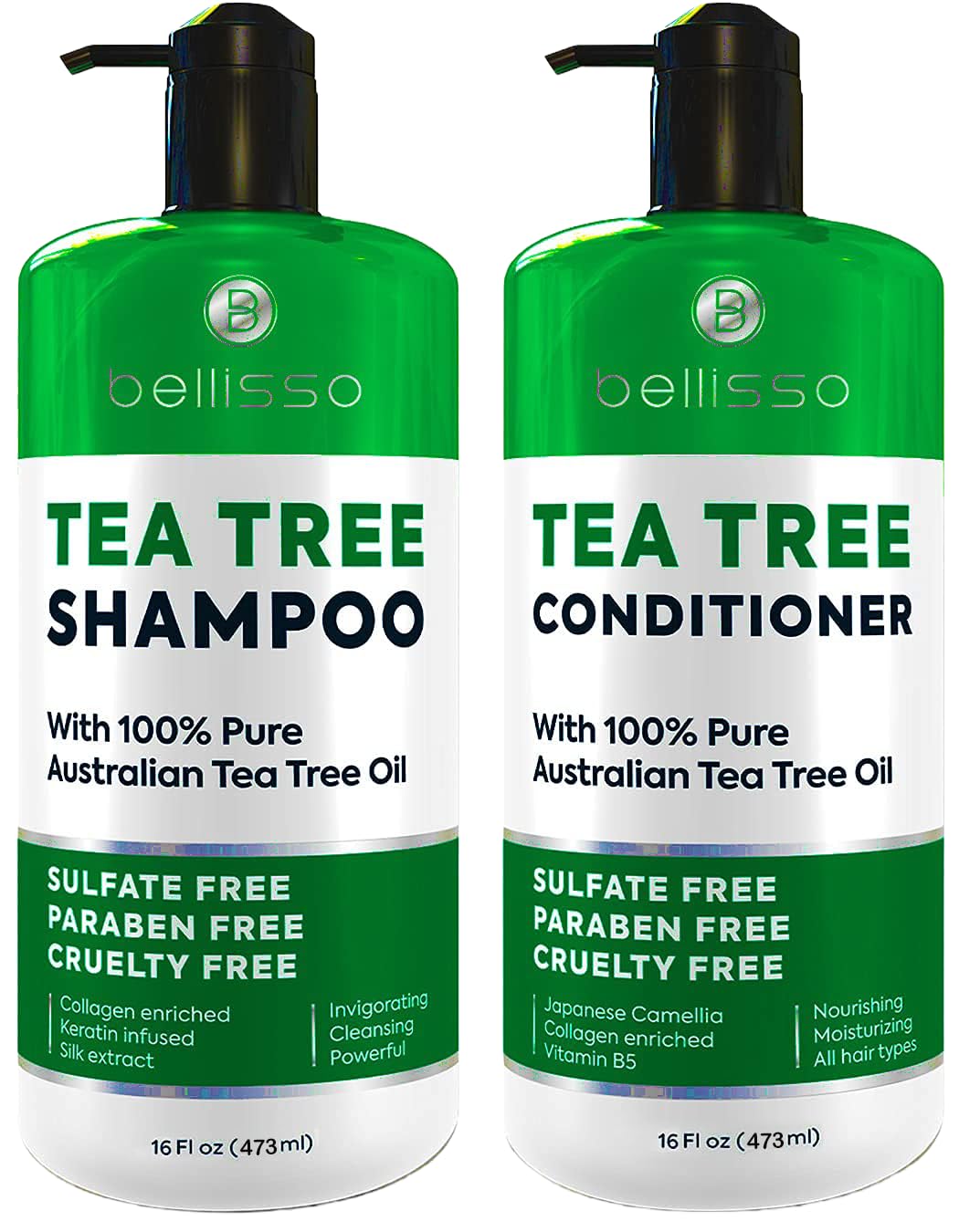 Bellisso front packaging showing the tea tree shampoo and conditioner set for balanced scalp