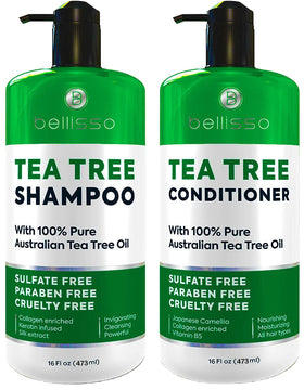Bellisso front packaging showing the tea tree shampoo and conditioner set for balanced scalp