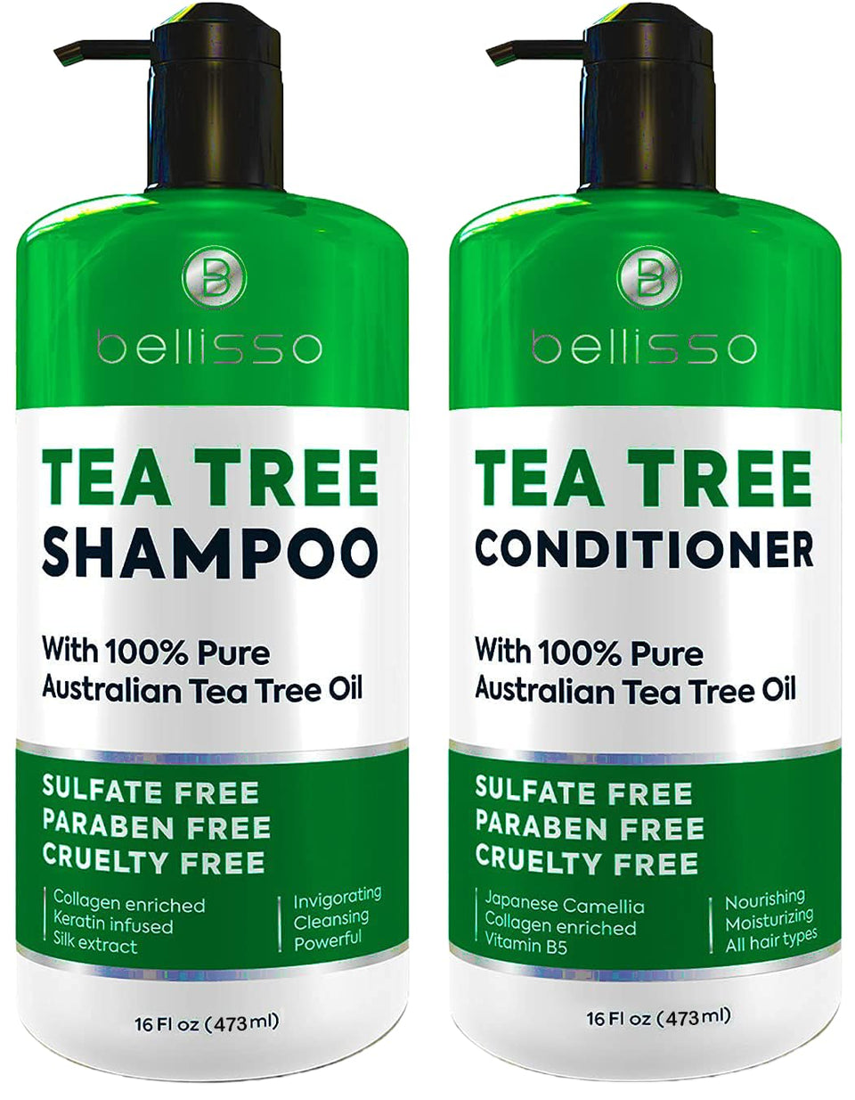 Bellisso front packaging showing the tea tree shampoo and conditioner set for balanced scalp