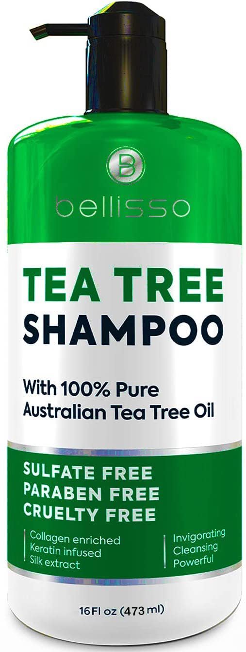 BELLISSO front packaging showing tea tree shampoo and benefits