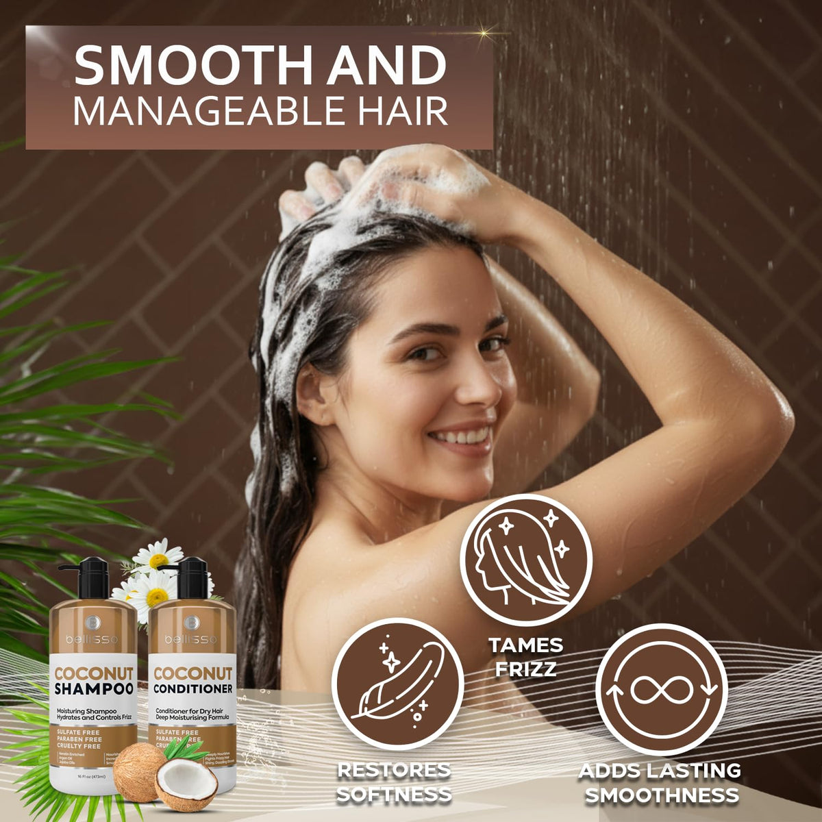 BELLISSO coconut ingredients with leaves showing natural hydration