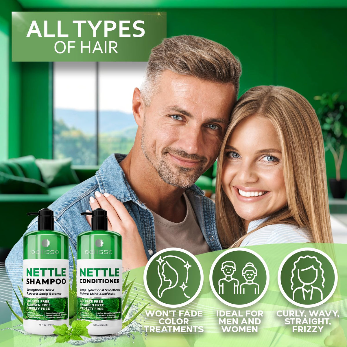 BELLISSO nettle extract and botanicals display emphasizing scalp-refreshing support