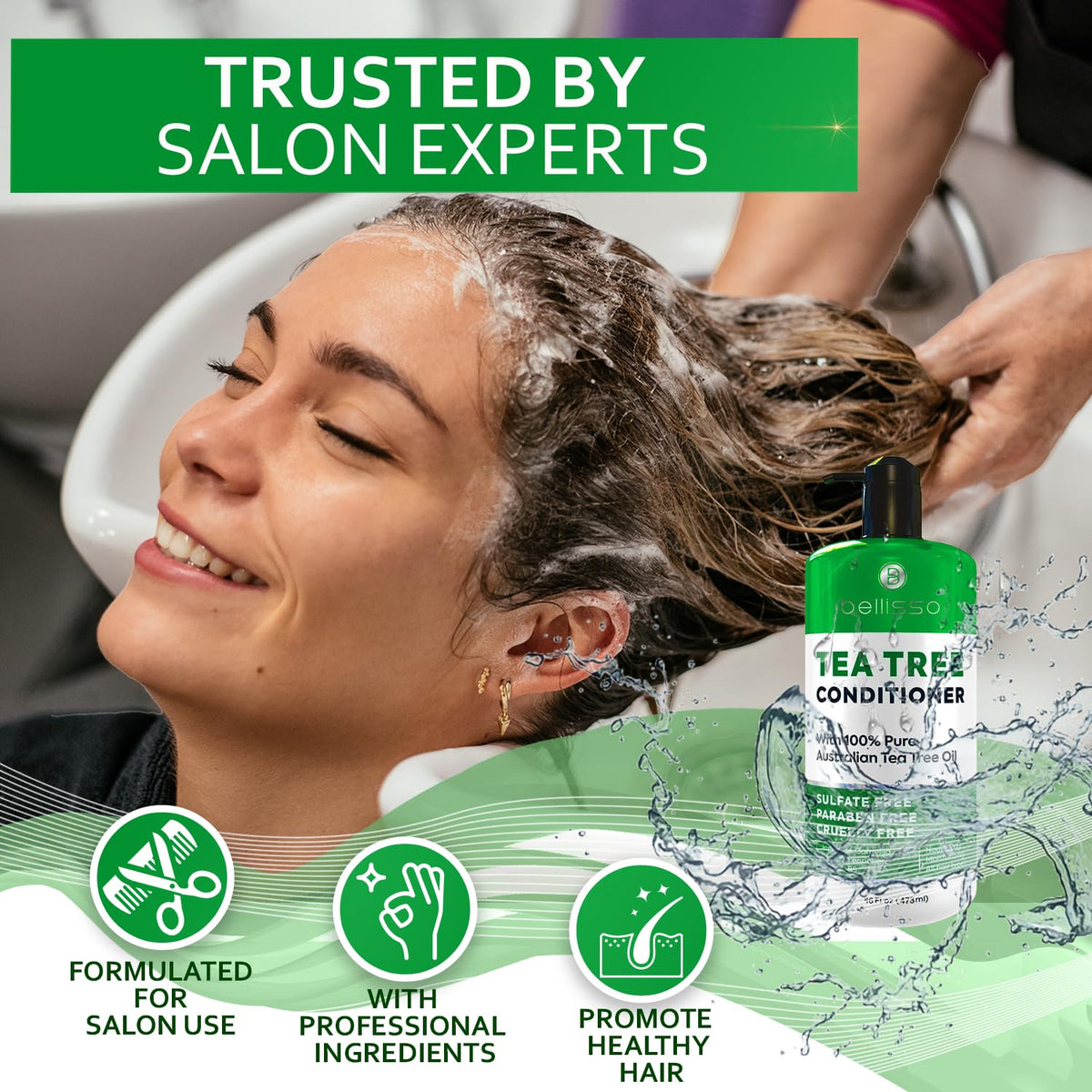 BELLISSO label close-up highlighting tea tree oil and no sulfates claim