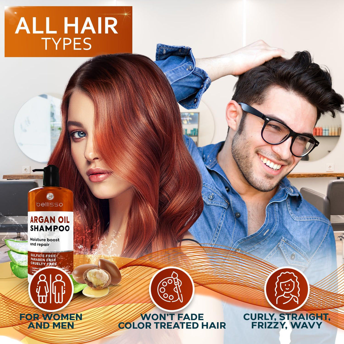 BELLISSO shampoo in bathroom setting conveying salon-quality routine benefit