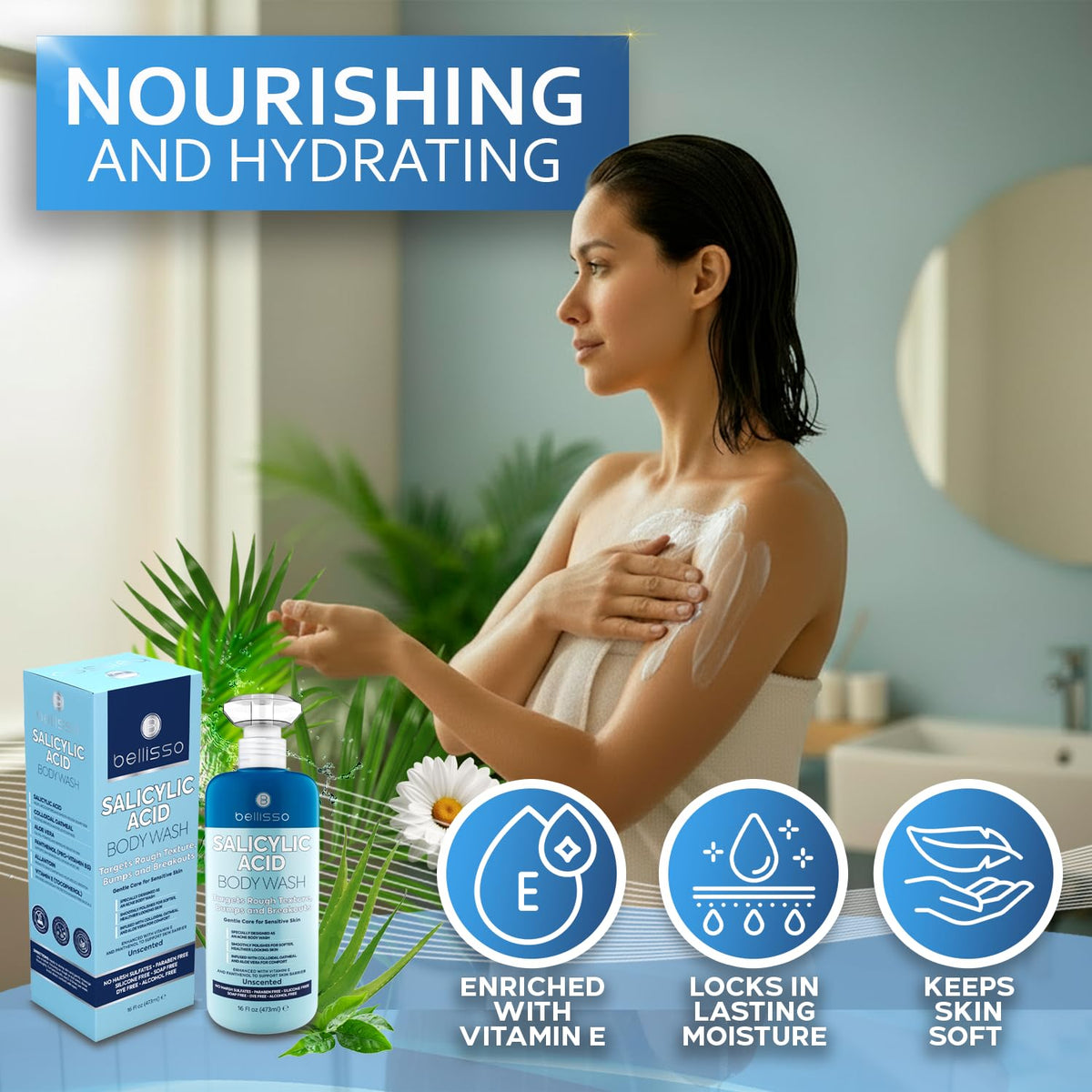 BELLISSO product on bathroom shelf in lifestyle setting suggesting daily routine
