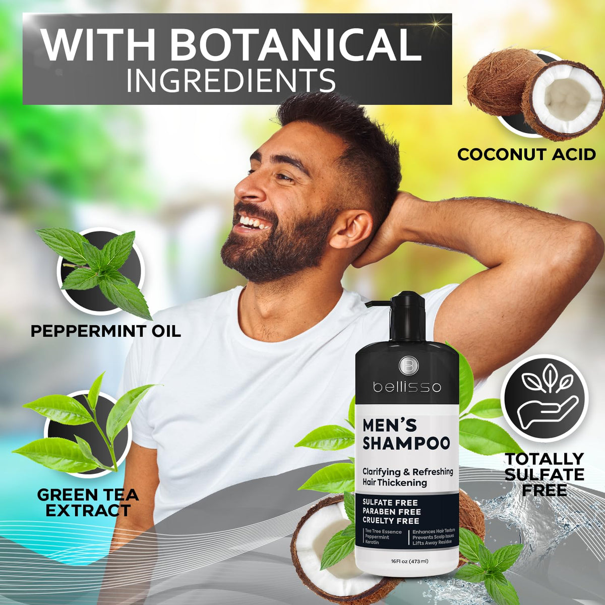 BELLISSO man using shampoo in shower delivering invigorating cooling sensation