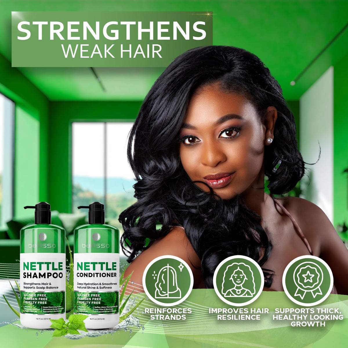 BELLISSO pouring shampoo from bottle showing gentle lathering and cleansing benefit