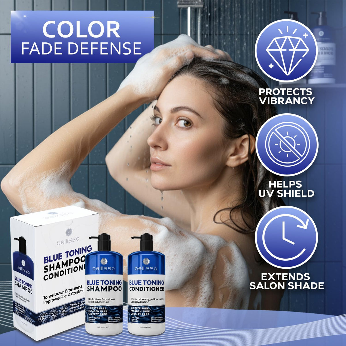 BELLISSO product label close-up highlighting sulfate-free paraben-free claims