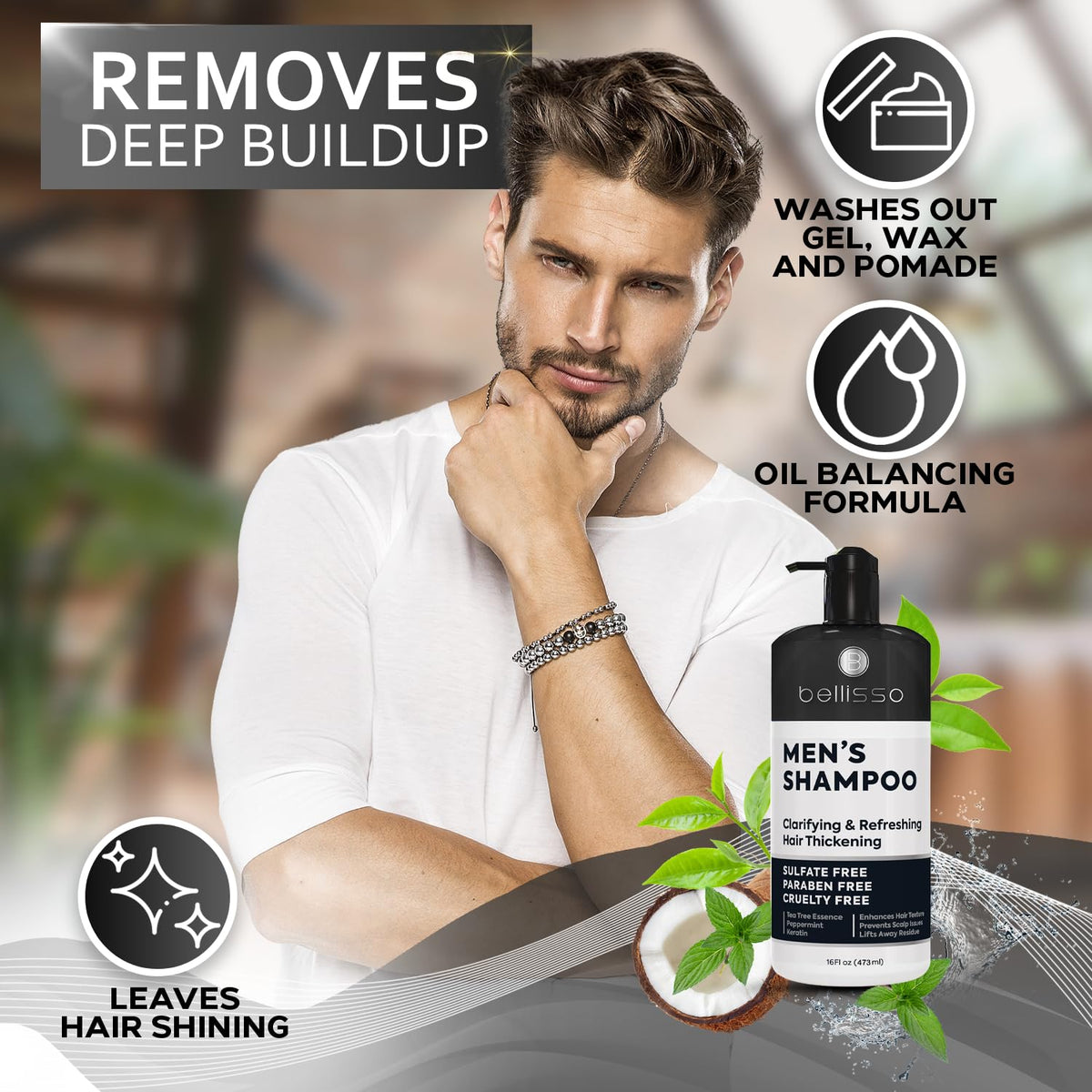 BELLISSO pump dispenser and clear label showing product benefits for easy use