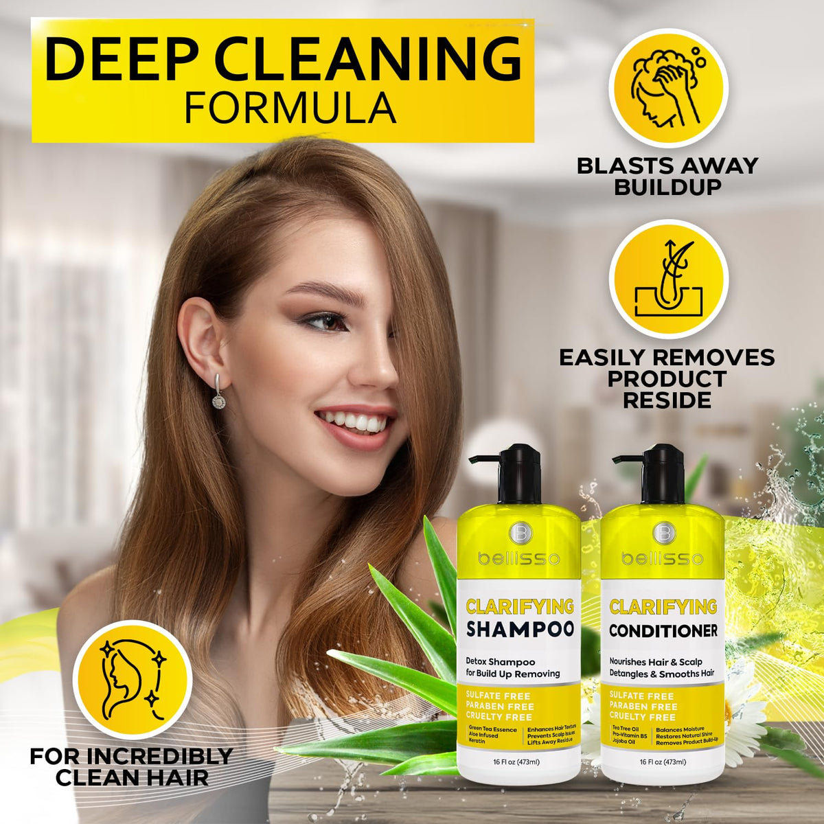 BELLISSO shampoo pouring into hand, illustrating foaming action that lifts buildup while hydrating