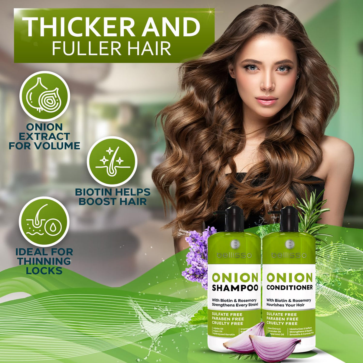 BELLISSO shampoo pour close-up showing rich texture for gentle, volumizing cleanse