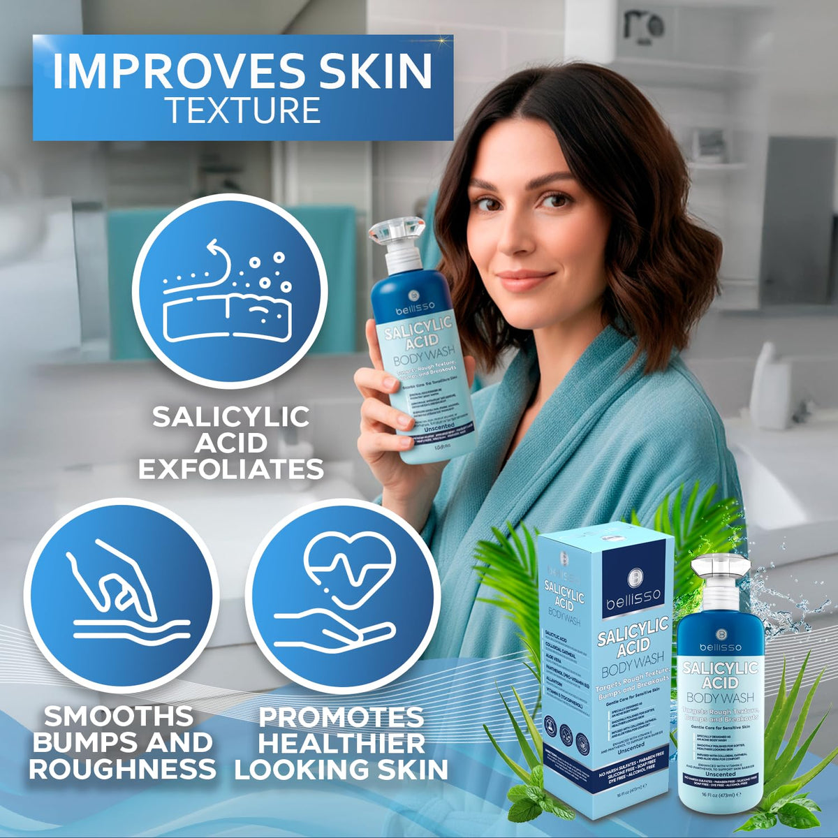 BELLISSO in-shower scene illustrating use on back and chest areas